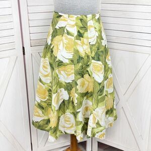 Premise Floral Roses Linen Blend A Line Flare Midi Skirt Lime Green Yellow 4